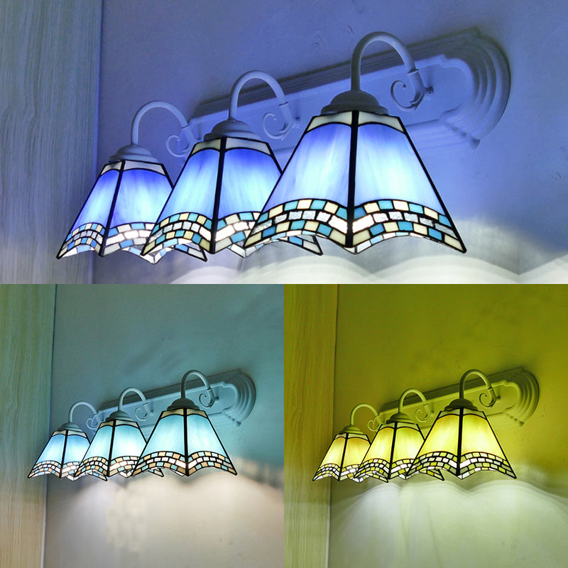 Stained Glass Geometric Wall Lamp Tiffany Style 3 Lights Sconce Lighting in Sky Blue/Blue/Yellow for Bathroom Clearhalo 'Industrial' 'Middle century wall lights' 'Tiffany wall lights' 'Tiffany' 'Wall Lamps & Sconces' 'Wall Lights' Lighting' 180263