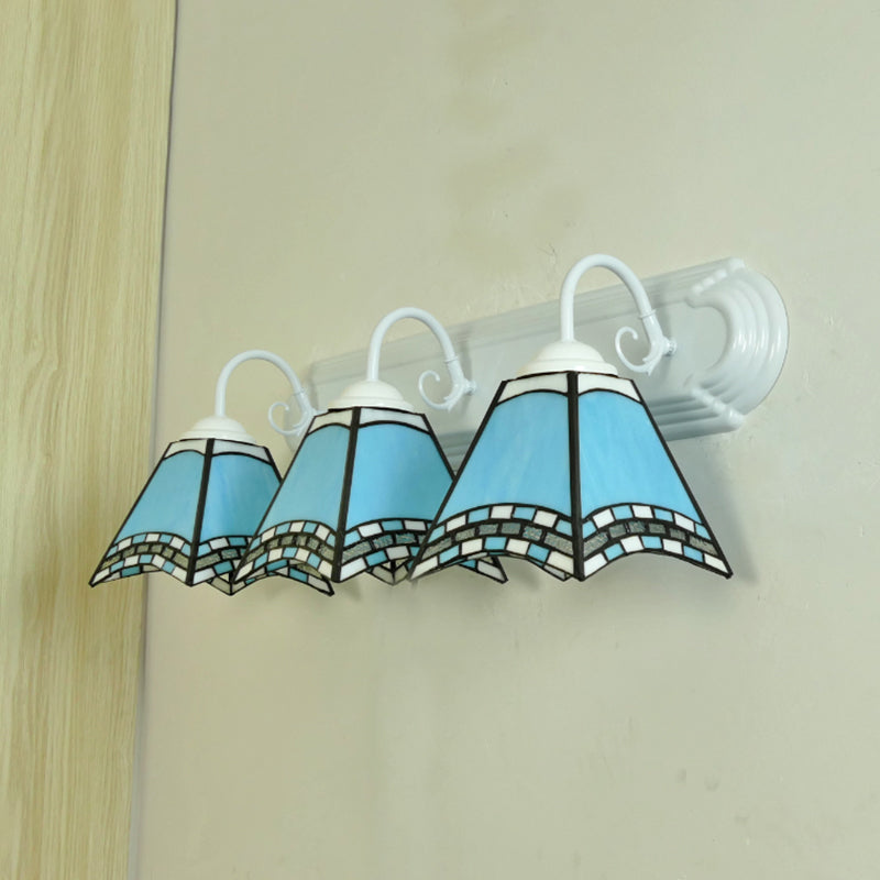 Stained Glass Geometric Wall Lamp Tiffany Style 3 Lights Sconce Lighting in Sky Blue/Blue/Yellow for Bathroom Clearhalo 'Industrial' 'Middle century wall lights' 'Tiffany wall lights' 'Tiffany' 'Wall Lamps & Sconces' 'Wall Lights' Lighting' 180265
