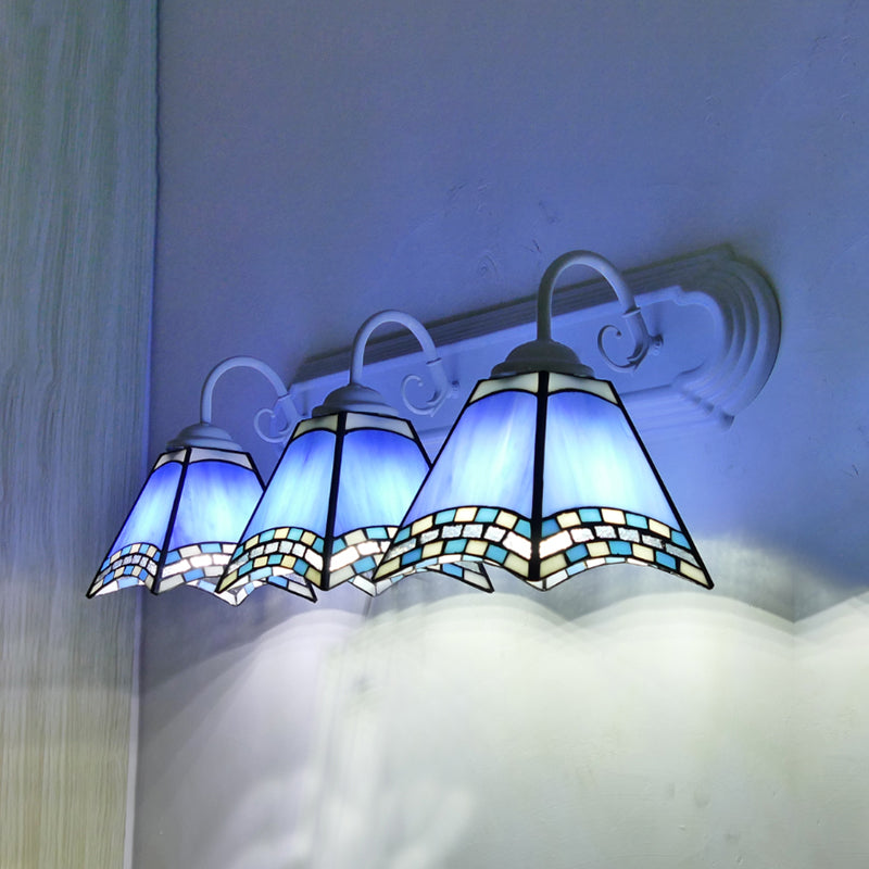 Stained Glass Geometric Wall Lamp Tiffany Style 3 Lights Sconce Lighting in Sky Blue/Blue/Yellow for Bathroom Blue Clearhalo 'Industrial' 'Middle century wall lights' 'Tiffany wall lights' 'Tiffany' 'Wall Lamps & Sconces' 'Wall Lights' Lighting' 180267