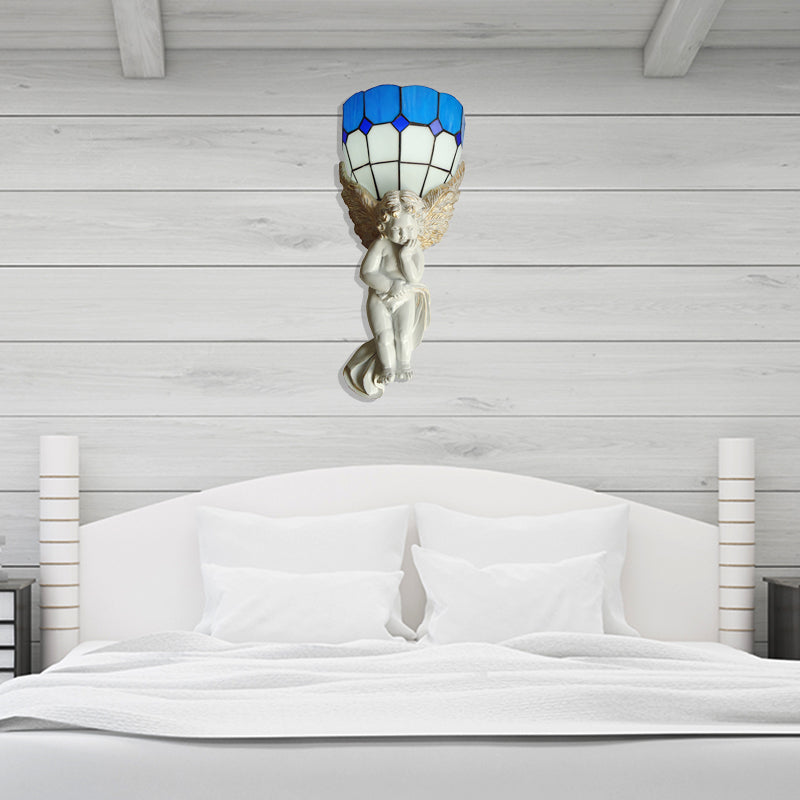 Stained Glass Bowl Wall Lamp with Resin Angel 1 Light Tiffany Sconce Lighting in White/Bronze Finish Clearhalo 'Industrial' 'Middle century wall lights' 'Tiffany wall lights' 'Tiffany' 'Wall Lamps & Sconces' 'Wall Lights' Lighting' 180271