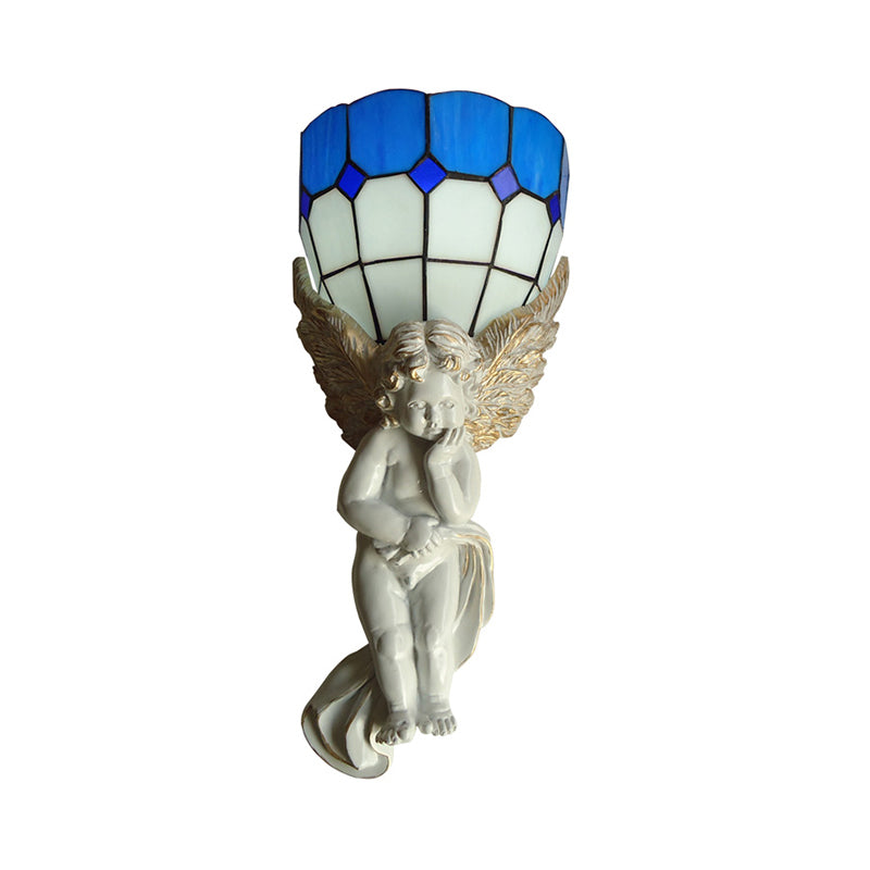 Stained Glass Bowl Wall Lamp with Resin Angel 1 Light Tiffany Sconce Lighting in White/Bronze Finish Clearhalo 'Industrial' 'Middle century wall lights' 'Tiffany wall lights' 'Tiffany' 'Wall Lamps & Sconces' 'Wall Lights' Lighting' 180272