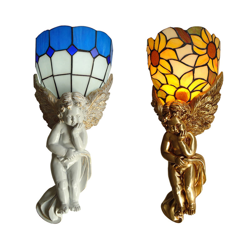 Stained Glass Bowl Wall Lamp with Resin Angel 1 Light Tiffany Sconce Lighting in White/Bronze Finish Clearhalo 'Industrial' 'Middle century wall lights' 'Tiffany wall lights' 'Tiffany' 'Wall Lamps & Sconces' 'Wall Lights' Lighting' 180277