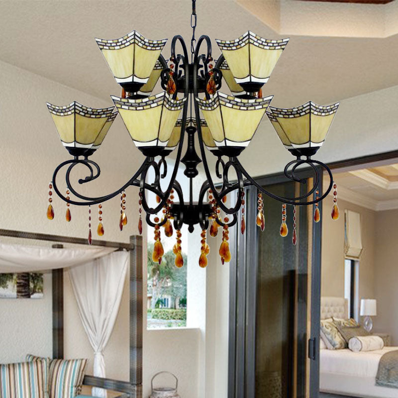 Stained Glass Geometric Chandelier Light Lodge 12 Lights Hanging Pendant with Crystal in Yellow/Blue/Sky Blue Yellow Clearhalo 'Ceiling Lights' 'Chandeliers' 'Industrial' 'Middle Century Chandeliers' 'Tiffany Chandeliers' 'Tiffany close to ceiling' 'Tiffany' Lighting' 180278