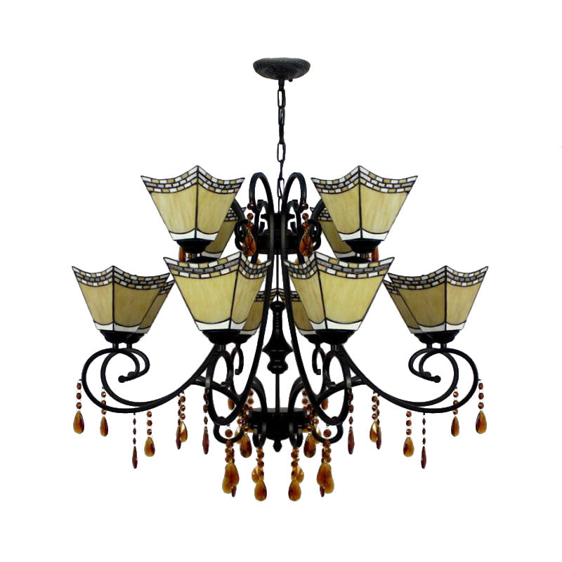 Stained Glass Geometric Chandelier Light Lodge 12 Lights Hanging Pendant with Crystal in Yellow/Blue/Sky Blue Clearhalo 'Ceiling Lights' 'Chandeliers' 'Industrial' 'Middle Century Chandeliers' 'Tiffany Chandeliers' 'Tiffany close to ceiling' 'Tiffany' Lighting' 180280