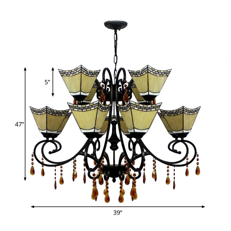 Stained Glass Geometric Chandelier Light Lodge 12 Lights Hanging Pendant with Crystal in Yellow/Blue/Sky Blue Clearhalo 'Ceiling Lights' 'Chandeliers' 'Industrial' 'Middle Century Chandeliers' 'Tiffany Chandeliers' 'Tiffany close to ceiling' 'Tiffany' Lighting' 180281
