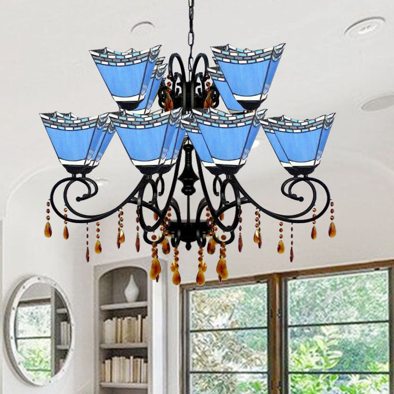 Stained Glass Geometric Chandelier Light Lodge 12 Lights Hanging Pendant with Crystal in Yellow/Blue/Sky Blue Blue Clearhalo 'Ceiling Lights' 'Chandeliers' 'Industrial' 'Middle Century Chandeliers' 'Tiffany Chandeliers' 'Tiffany close to ceiling' 'Tiffany' Lighting' 180282