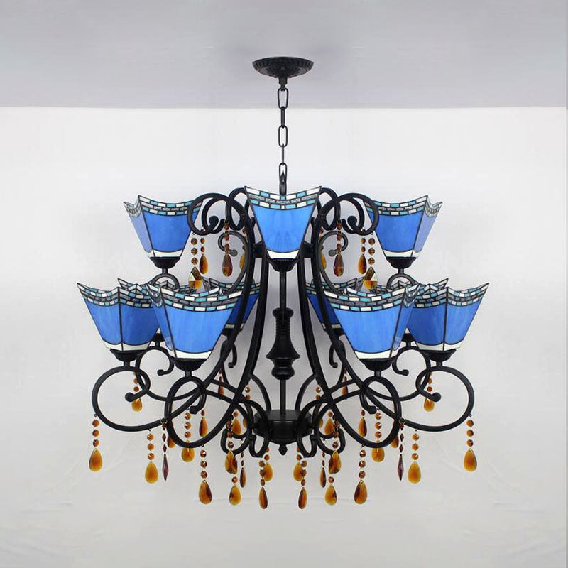 Stained Glass Geometric Chandelier Light Lodge 12 Lights Hanging Pendant with Crystal in Yellow/Blue/Sky Blue Clearhalo 'Ceiling Lights' 'Chandeliers' 'Industrial' 'Middle Century Chandeliers' 'Tiffany Chandeliers' 'Tiffany close to ceiling' 'Tiffany' Lighting' 180283