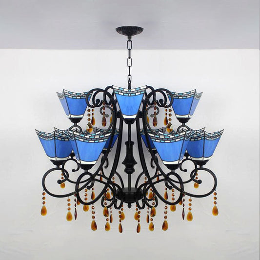 Stained Glass Geometric Chandelier Light Lodge 12 Lights Hanging Pendant with Crystal in Yellow/Blue/Sky Blue Clearhalo 'Ceiling Lights' 'Chandeliers' 'Industrial' 'Middle Century Chandeliers' 'Tiffany Chandeliers' 'Tiffany close to ceiling' 'Tiffany' Lighting' 180283