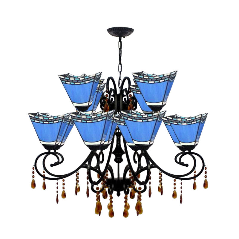 Stained Glass Geometric Chandelier Light Lodge 12 Lights Hanging Pendant with Crystal in Yellow/Blue/Sky Blue Clearhalo 'Ceiling Lights' 'Chandeliers' 'Industrial' 'Middle Century Chandeliers' 'Tiffany Chandeliers' 'Tiffany close to ceiling' 'Tiffany' Lighting' 180284