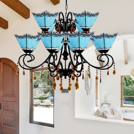 Stained Glass Geometric Chandelier Light Lodge 12 Lights Hanging Pendant with Crystal in Yellow/Blue/Sky Blue Sky Blue Clearhalo 'Ceiling Lights' 'Chandeliers' 'Industrial' 'Middle Century Chandeliers' 'Tiffany Chandeliers' 'Tiffany close to ceiling' 'Tiffany' Lighting' 180285