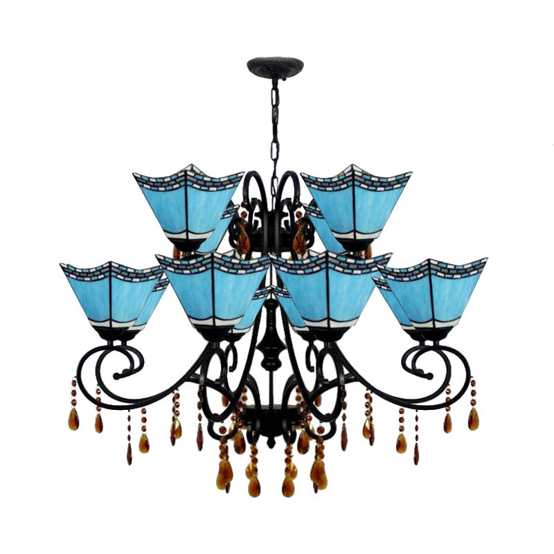 Stained Glass Geometric Chandelier Light Lodge 12 Lights Hanging Pendant with Crystal in Yellow/Blue/Sky Blue Clearhalo 'Ceiling Lights' 'Chandeliers' 'Industrial' 'Middle Century Chandeliers' 'Tiffany Chandeliers' 'Tiffany close to ceiling' 'Tiffany' Lighting' 180286
