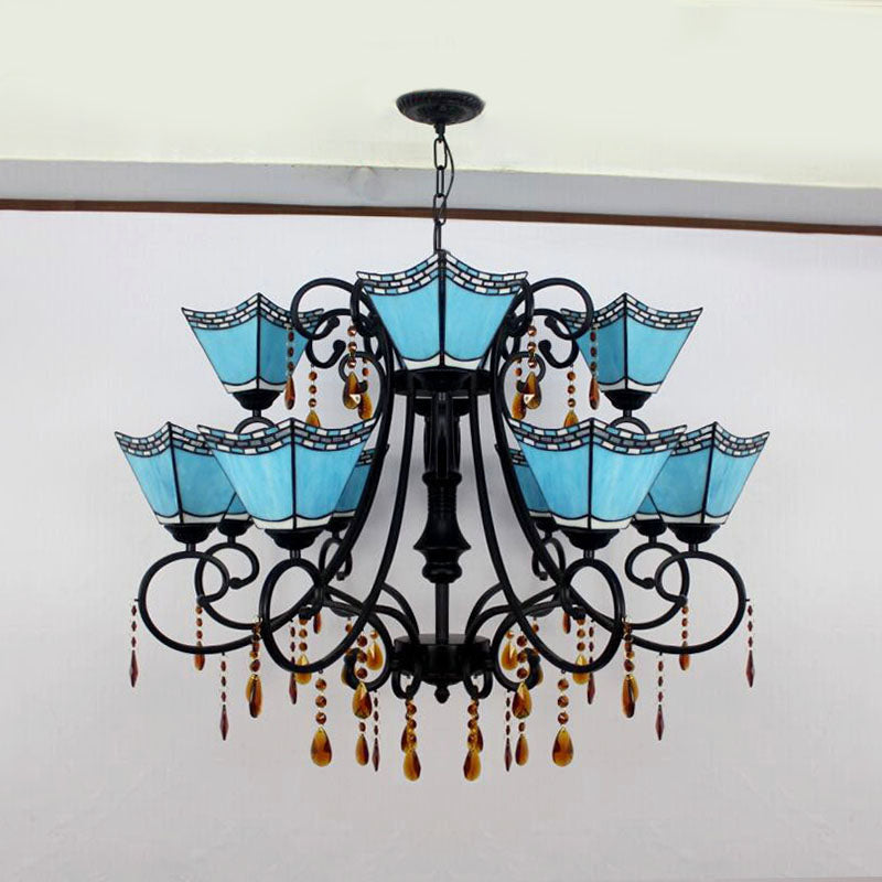 Stained Glass Geometric Chandelier Light Lodge 12 Lights Hanging Pendant with Crystal in Yellow/Blue/Sky Blue Clearhalo 'Ceiling Lights' 'Chandeliers' 'Industrial' 'Middle Century Chandeliers' 'Tiffany Chandeliers' 'Tiffany close to ceiling' 'Tiffany' Lighting' 180287