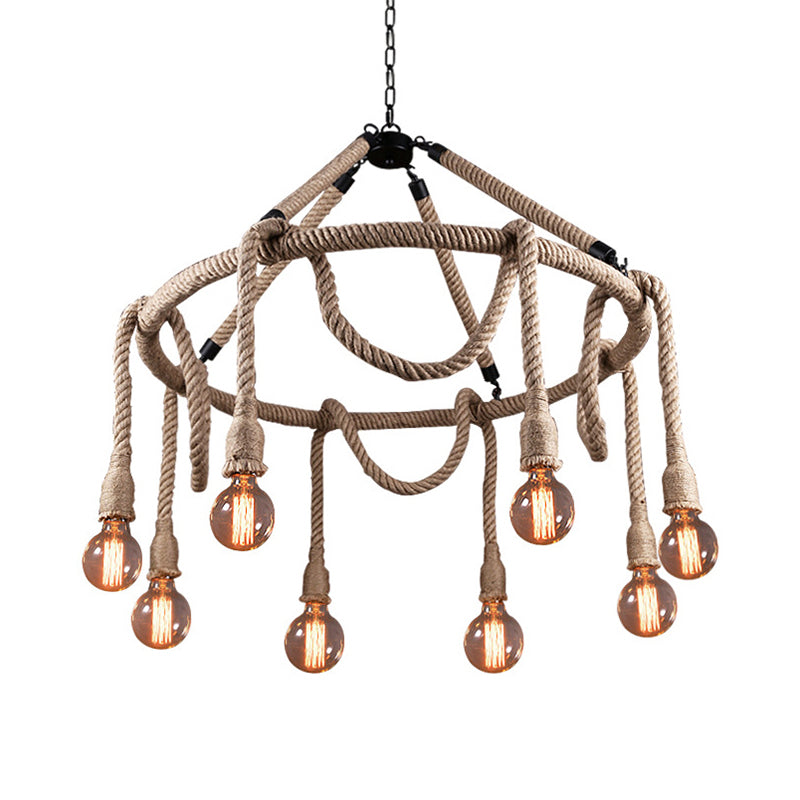 Adjustable Rope Chandelier Pendant Light with Bare Bulb Farmhouse Multi Light Bar Ceiling Fixture in Beige Clearhalo 'Ceiling Lights' 'Chandeliers' 'Industrial Chandeliers' 'Industrial' 'Middle Century Chandeliers' 'Tiffany' Lighting' 180290