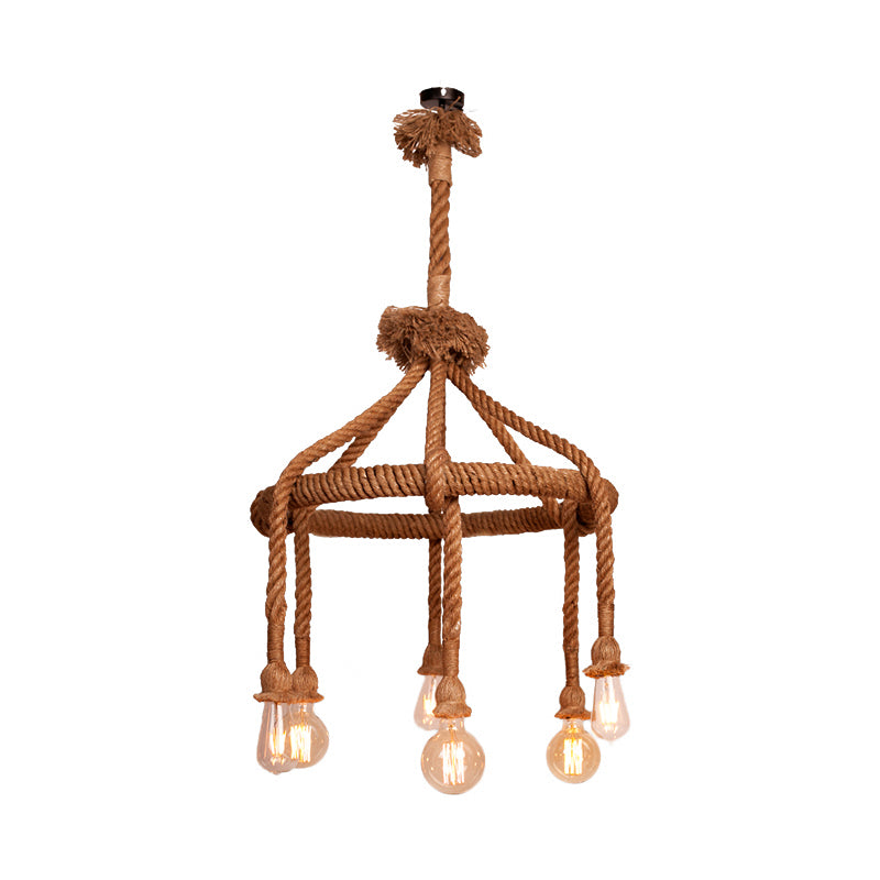 Adjustable Rope Chandelier Pendant Light with Bare Bulb Farmhouse Multi Light Bar Ceiling Fixture in Beige Clearhalo 'Ceiling Lights' 'Chandeliers' 'Industrial Chandeliers' 'Industrial' 'Middle Century Chandeliers' 'Tiffany' Lighting' 180294