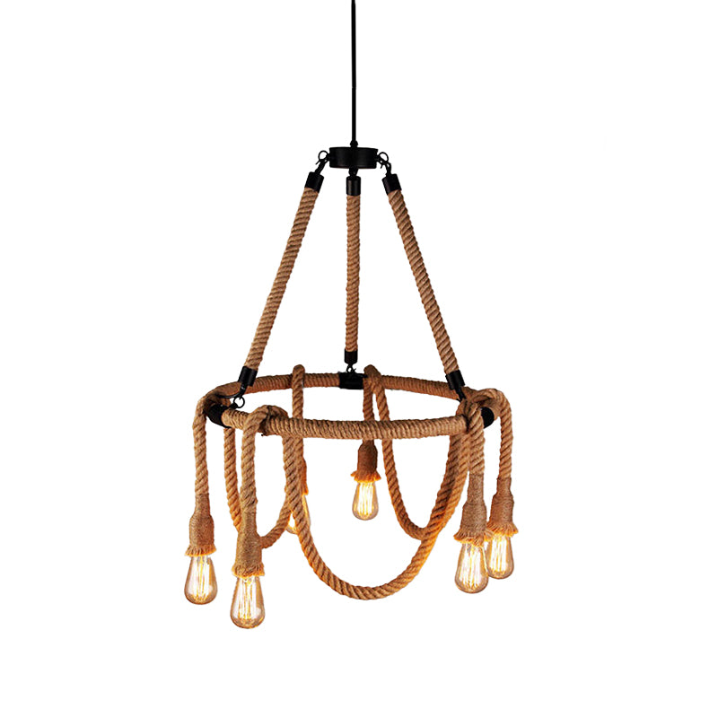 Adjustable Rope Chandelier Pendant Light with Bare Bulb Farmhouse Multi Light Bar Ceiling Fixture in Beige Clearhalo 'Ceiling Lights' 'Chandeliers' 'Industrial Chandeliers' 'Industrial' 'Middle Century Chandeliers' 'Tiffany' Lighting' 180298