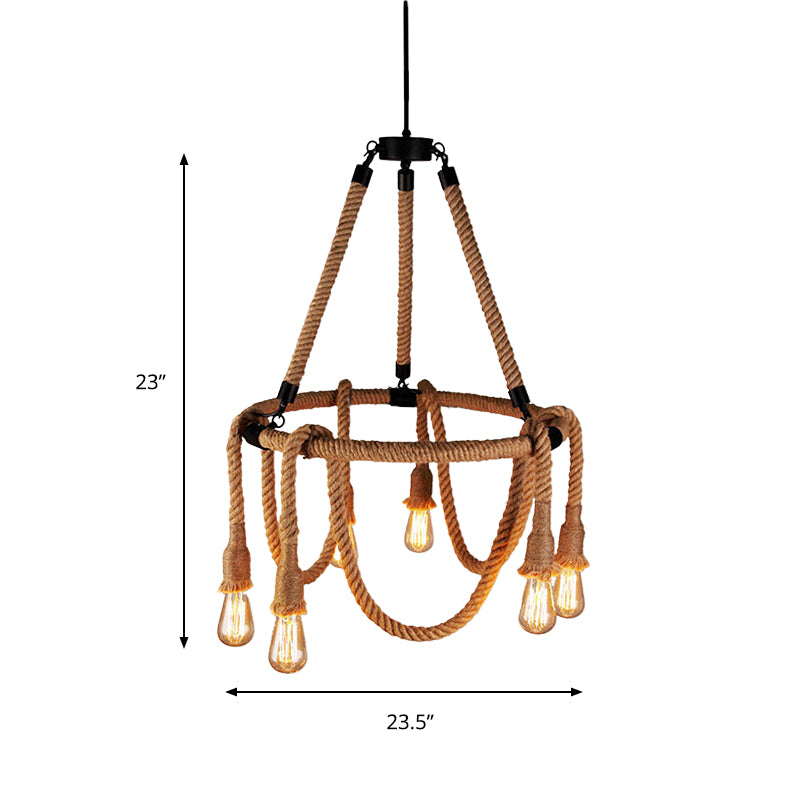 Adjustable Rope Chandelier Pendant Light with Bare Bulb Farmhouse Multi Light Bar Ceiling Fixture in Beige Clearhalo 'Ceiling Lights' 'Chandeliers' 'Industrial Chandeliers' 'Industrial' 'Middle Century Chandeliers' 'Tiffany' Lighting' 180299