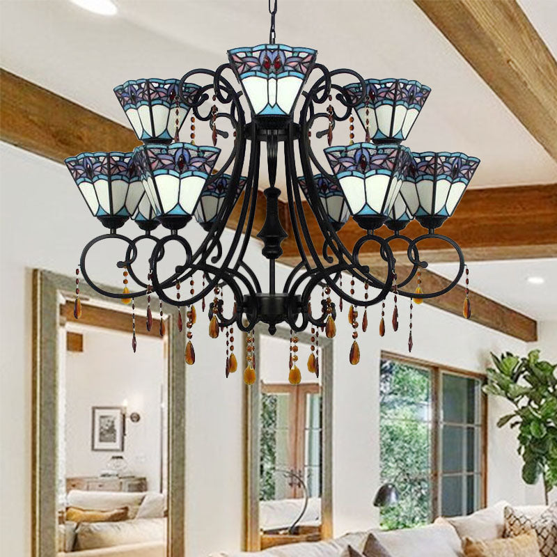 Rustic Tapered Hanging Light Stained Glass 11 Lights Chandelier with Crystal in White for Stairway White Clearhalo 'Ceiling Lights' 'Chandeliers' 'Industrial' 'Middle Century Chandeliers' 'Tiffany Chandeliers' 'Tiffany close to ceiling' 'Tiffany' Lighting' 180300