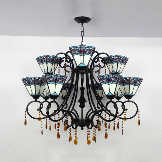 Rustic Tapered Hanging Light Stained Glass 11 Lights Chandelier with Crystal in White for Stairway Clearhalo 'Ceiling Lights' 'Chandeliers' 'Industrial' 'Middle Century Chandeliers' 'Tiffany Chandeliers' 'Tiffany close to ceiling' 'Tiffany' Lighting' 180301