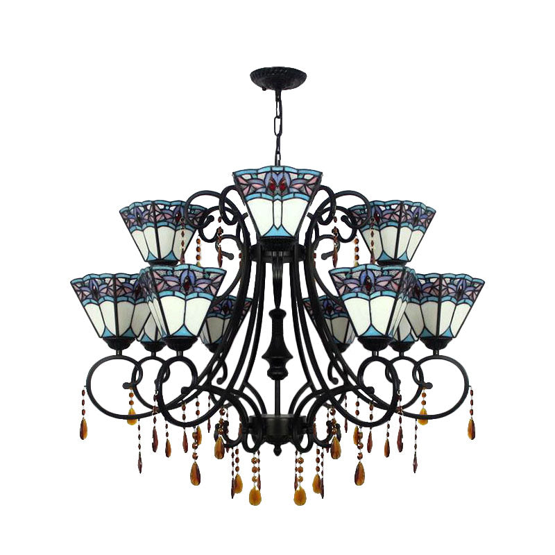 Rustic Tapered Hanging Light Stained Glass 11 Lights Chandelier with Crystal in White for Stairway Clearhalo 'Ceiling Lights' 'Chandeliers' 'Industrial' 'Middle Century Chandeliers' 'Tiffany Chandeliers' 'Tiffany close to ceiling' 'Tiffany' Lighting' 180302