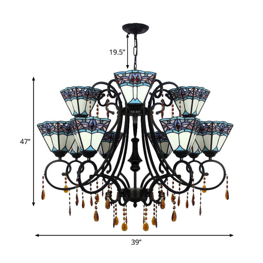 Rustic Tapered Hanging Light Stained Glass 11 Lights Chandelier with Crystal in White for Stairway Clearhalo 'Ceiling Lights' 'Chandeliers' 'Industrial' 'Middle Century Chandeliers' 'Tiffany Chandeliers' 'Tiffany close to ceiling' 'Tiffany' Lighting' 180303