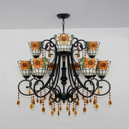 Lodge Bowl Chandelier Stained Glass 11 Lights Decorative Inverted Chandelier with Crystal in Orange Clearhalo 'Ceiling Lights' 'Chandeliers' 'Industrial' 'Middle Century Chandeliers' 'Pendant Lights' 'Tiffany Chandeliers' 'Tiffany close to ceiling' 'Tiffany' Lighting' 180305