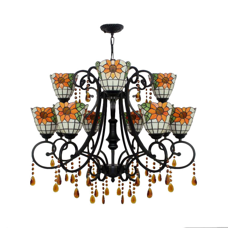 Lodge Bowl Chandelier Stained Glass 11 Lights Decorative Inverted Chandelier with Crystal in Orange Clearhalo 'Ceiling Lights' 'Chandeliers' 'Industrial' 'Middle Century Chandeliers' 'Pendant Lights' 'Tiffany Chandeliers' 'Tiffany close to ceiling' 'Tiffany' Lighting' 180306