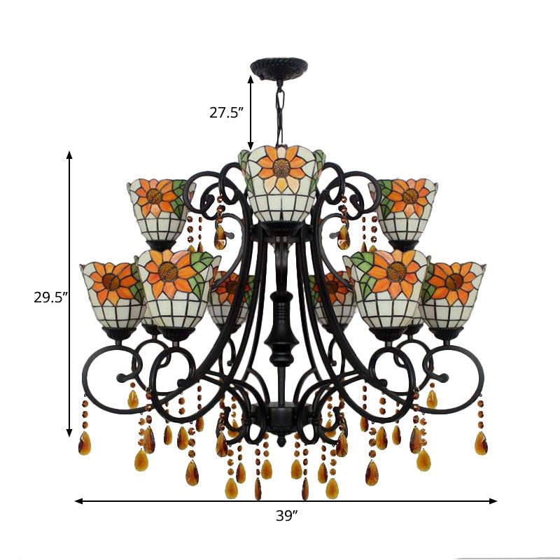 Lodge Bowl Chandelier Stained Glass 11 Lights Decorative Inverted Chandelier with Crystal in Orange Clearhalo 'Ceiling Lights' 'Chandeliers' 'Industrial' 'Middle Century Chandeliers' 'Pendant Lights' 'Tiffany Chandeliers' 'Tiffany close to ceiling' 'Tiffany' Lighting' 180307