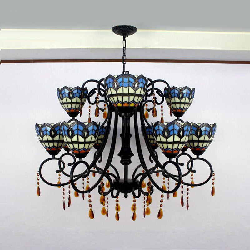 Bowl-Shaped Hanging Light Rustic Stained Glass 11 Lights Chandelier with Crystal in Blue for Dining Room Clearhalo 'Ceiling Lights' 'Chandeliers' 'Close To Ceiling Lights' 'Industrial' 'Middle Century Chandeliers' 'Tiffany Chandeliers' 'Tiffany close to ceiling' 'Tiffany' Lighting' 180309