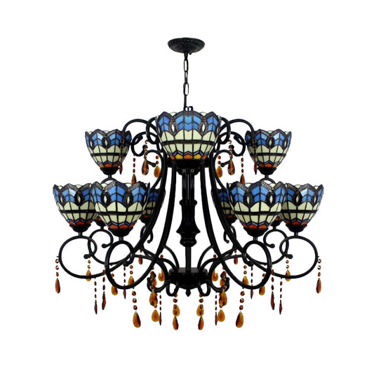 Bowl-Shaped Hanging Light Rustic Stained Glass 11 Lights Chandelier with Crystal in Blue for Dining Room Clearhalo 'Ceiling Lights' 'Chandeliers' 'Close To Ceiling Lights' 'Industrial' 'Middle Century Chandeliers' 'Tiffany Chandeliers' 'Tiffany close to ceiling' 'Tiffany' Lighting' 180310