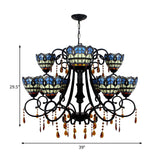 Bowl-Shaped Hanging Light Rustic Stained Glass 11 Lights Chandelier with Crystal in Blue for Dining Room Clearhalo 'Ceiling Lights' 'Chandeliers' 'Close To Ceiling Lights' 'Industrial' 'Middle Century Chandeliers' 'Tiffany Chandeliers' 'Tiffany close to ceiling' 'Tiffany' Lighting' 180311