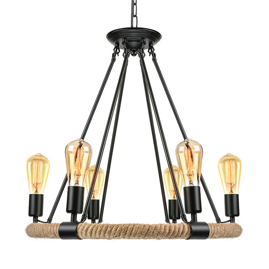 Roped Ring Chandelier Light Fixture Lodge Style 6/8 Heads Kitchen Pendant Lighting with Adjustable Chain in Black Clearhalo 'Ceiling Lights' 'Chandeliers' 'Industrial Chandeliers' 'Industrial' 'Middle Century Chandeliers' 'Tiffany' Lighting' 180318