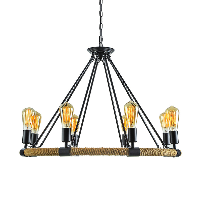 Roped Ring Chandelier Light Fixture Lodge Style 6/8 Heads Kitchen Pendant Lighting with Adjustable Chain in Black Clearhalo 'Ceiling Lights' 'Chandeliers' 'Industrial Chandeliers' 'Industrial' 'Middle Century Chandeliers' 'Tiffany' Lighting' 180323