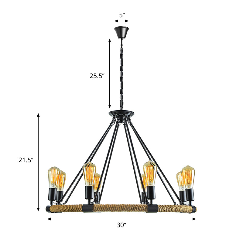 Roped Ring Chandelier Light Fixture Lodge Style 6/8 Heads Kitchen Pendant Lighting with Adjustable Chain in Black Clearhalo 'Ceiling Lights' 'Chandeliers' 'Industrial Chandeliers' 'Industrial' 'Middle Century Chandeliers' 'Tiffany' Lighting' 180324