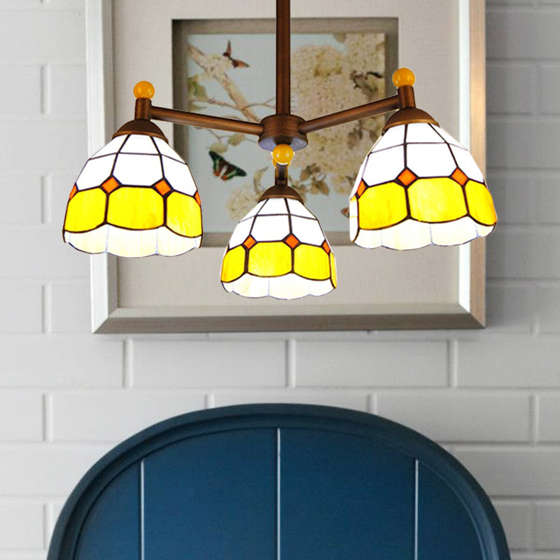 Red/Blue/Yellow Bowl Semi Flush Mount Rustic Stained Glass 3 Lights Ceiling Light Fixture for Dining Room Clearhalo 'Ceiling Lights' 'Chandeliers' 'Industrial' 'Middle Century Chandeliers' 'Pendant Lights' 'Tiffany Chandeliers' 'Tiffany close to ceiling' 'Tiffany' Lighting' 180332