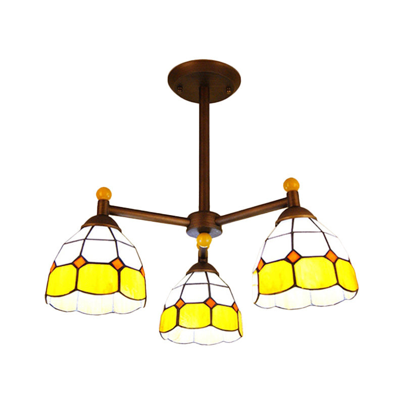 Red/Blue/Yellow Bowl Semi Flush Mount Rustic Stained Glass 3 Lights Ceiling Light Fixture for Dining Room Clearhalo 'Ceiling Lights' 'Chandeliers' 'Industrial' 'Middle Century Chandeliers' 'Pendant Lights' 'Tiffany Chandeliers' 'Tiffany close to ceiling' 'Tiffany' Lighting' 180333