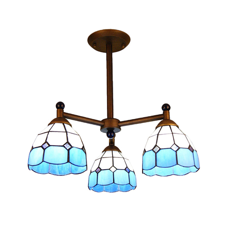 Red/Blue/Yellow Bowl Semi Flush Mount Rustic Stained Glass 3 Lights Ceiling Light Fixture for Dining Room Clearhalo 'Ceiling Lights' 'Chandeliers' 'Industrial' 'Middle Century Chandeliers' 'Pendant Lights' 'Tiffany Chandeliers' 'Tiffany close to ceiling' 'Tiffany' Lighting' 180336
