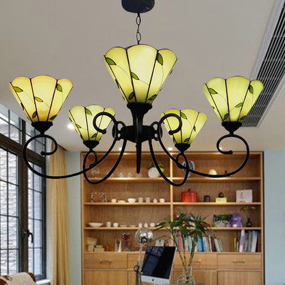 Loft Style Leaf Chandelier Lighting 5 Lights Stained Glass Hanging Pendant Light in Beige Beige Clearhalo 'Ceiling Lights' 'Chandeliers' 'Industrial' 'Middle Century Chandeliers' 'Tiffany Chandeliers' 'Tiffany close to ceiling' 'Tiffany' Lighting' 180347