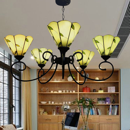 Loft Style Leaf Chandelier Lighting 5 Lights Stained Glass Hanging Pendant Light in Beige Beige Clearhalo 'Ceiling Lights' 'Chandeliers' 'Industrial' 'Middle Century Chandeliers' 'Tiffany Chandeliers' 'Tiffany close to ceiling' 'Tiffany' Lighting' 180347