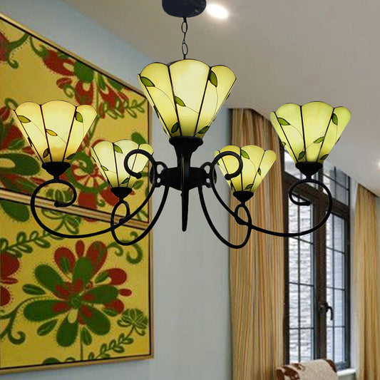 Loft Style Leaf Chandelier Lighting 5 Lights Stained Glass Hanging Pendant Light in Beige Clearhalo 'Ceiling Lights' 'Chandeliers' 'Industrial' 'Middle Century Chandeliers' 'Tiffany Chandeliers' 'Tiffany close to ceiling' 'Tiffany' Lighting' 180348
