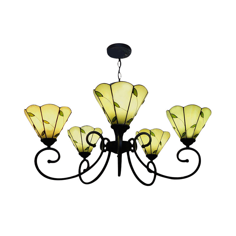 Loft Style Leaf Chandelier Lighting 5 Lights Stained Glass Hanging Pendant Light in Beige Clearhalo 'Ceiling Lights' 'Chandeliers' 'Industrial' 'Middle Century Chandeliers' 'Tiffany Chandeliers' 'Tiffany close to ceiling' 'Tiffany' Lighting' 180349