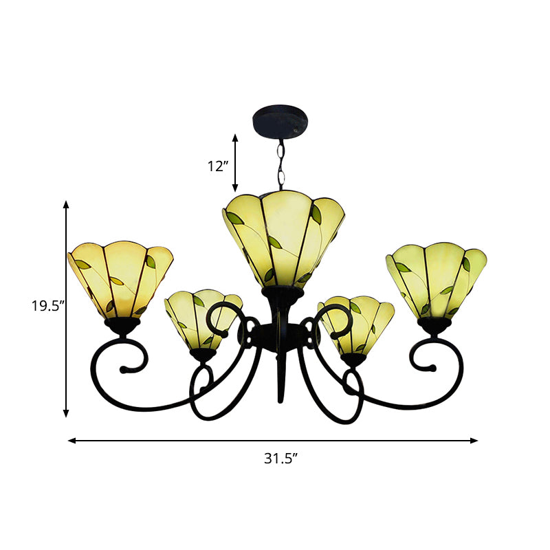 Loft Style Leaf Chandelier Lighting 5 Lights Stained Glass Hanging Pendant Light in Beige Clearhalo 'Ceiling Lights' 'Chandeliers' 'Industrial' 'Middle Century Chandeliers' 'Tiffany Chandeliers' 'Tiffany close to ceiling' 'Tiffany' Lighting' 180350