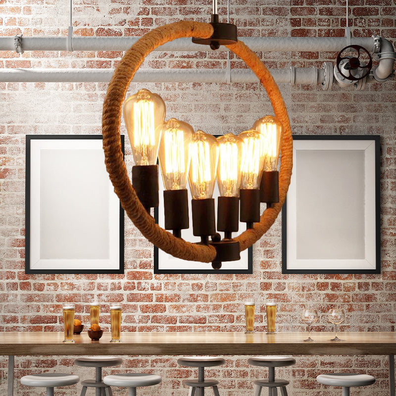 Roped Ring Chandelier Lamp Country Style 6 Lights Restaurant Hanging Lamp with Exposed Bulb in Beige Beige Clearhalo 'Ceiling Lights' 'Chandeliers' 'Industrial Chandeliers' 'Industrial' 'Middle Century Chandeliers' 'Tiffany' Lighting' 180351