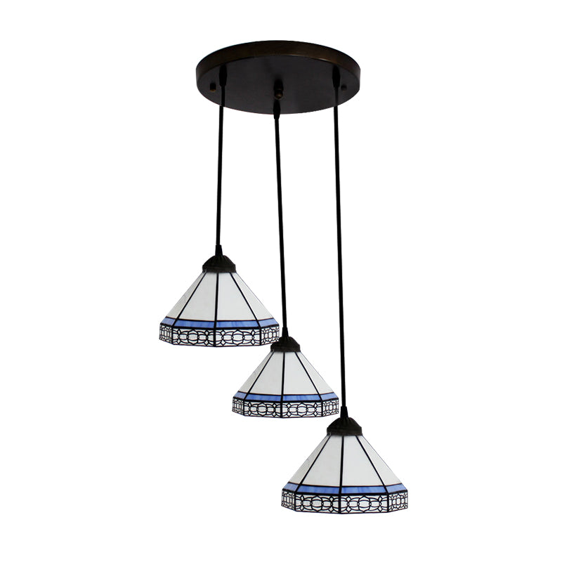 Stained Glass Tapered Swag Lamp Tiffany-Style 3 Heads Blue and White Cluster Pendant Light with Round/Linear Canopy Clearhalo 'Ceiling Lights' 'Chandeliers' 'Industrial' 'Middle Century Pendants' 'Pendant Lights' 'Pendants' 'Tiffany close to ceiling' 'Tiffany Pendants' 'Tiffany' Lighting' 180358