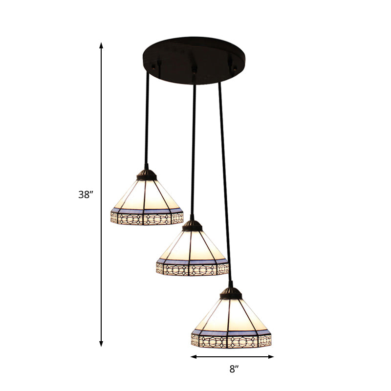 Stained Glass Tapered Swag Lamp Tiffany-Style 3 Heads Blue and White Cluster Pendant Light with Round/Linear Canopy Clearhalo 'Ceiling Lights' 'Chandeliers' 'Industrial' 'Middle Century Pendants' 'Pendant Lights' 'Pendants' 'Tiffany close to ceiling' 'Tiffany Pendants' 'Tiffany' Lighting' 180359