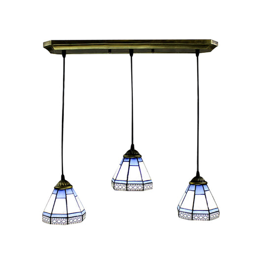 Stained Glass Tapered Swag Lamp Tiffany-Style 3 Heads Blue and White Cluster Pendant Light with Round/Linear Canopy Clearhalo 'Ceiling Lights' 'Chandeliers' 'Industrial' 'Middle Century Pendants' 'Pendant Lights' 'Pendants' 'Tiffany close to ceiling' 'Tiffany Pendants' 'Tiffany' Lighting' 180361