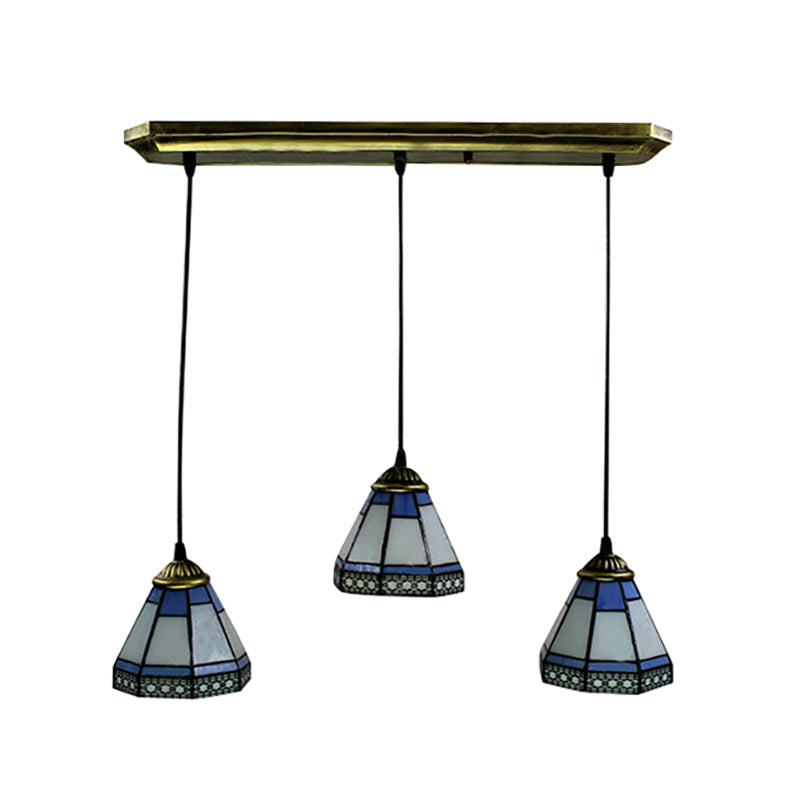 Stained Glass Tapered Swag Lamp Tiffany-Style 3 Heads Blue and White Cluster Pendant Light with Round/Linear Canopy Clearhalo 'Ceiling Lights' 'Chandeliers' 'Industrial' 'Middle Century Pendants' 'Pendant Lights' 'Pendants' 'Tiffany close to ceiling' 'Tiffany Pendants' 'Tiffany' Lighting' 180362