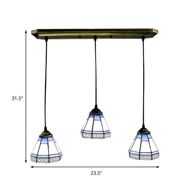 Stained Glass Tapered Swag Lamp Tiffany-Style 3 Heads Blue and White Cluster Pendant Light with Round/Linear Canopy Clearhalo 'Ceiling Lights' 'Chandeliers' 'Industrial' 'Middle Century Pendants' 'Pendant Lights' 'Pendants' 'Tiffany close to ceiling' 'Tiffany Pendants' 'Tiffany' Lighting' 180363