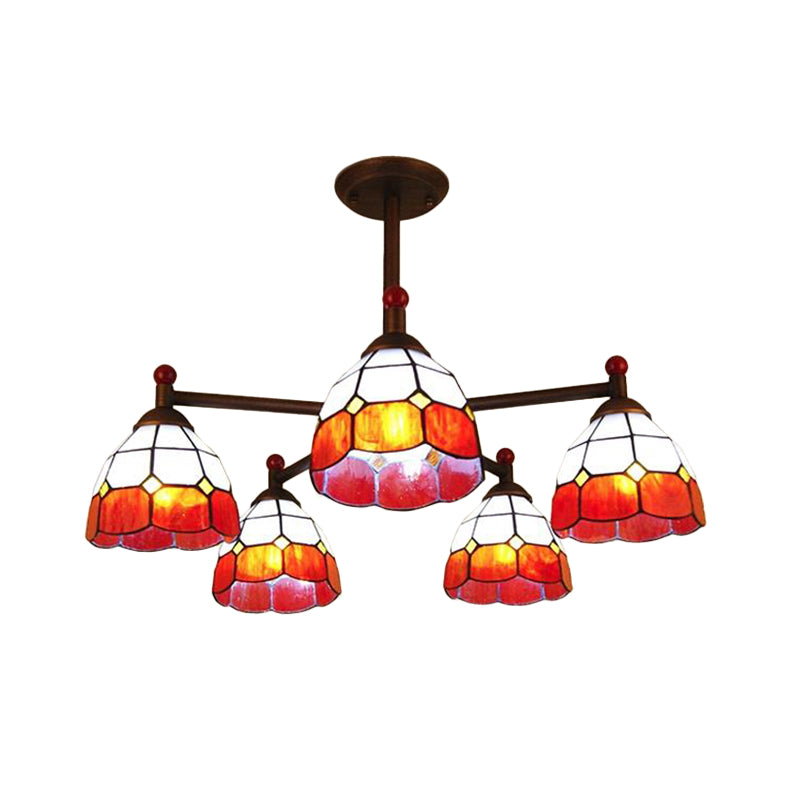 Bowl-Shaped Semi Flush Light Rustic Stained Glass 5 Lights Blue/Red/Yellow Semi Flush Ceiling Fixture for Living Room Clearhalo 'Ceiling Lights' 'Chandeliers' 'Industrial' 'Middle Century Chandeliers' 'Tiffany Chandeliers' 'Tiffany close to ceiling' 'Tiffany' Lighting' 180367