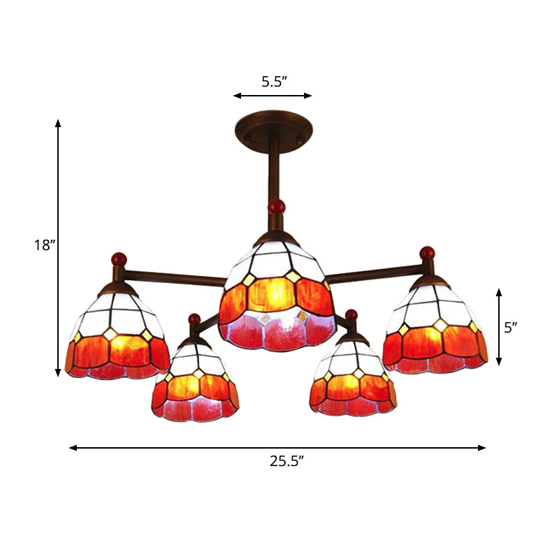 Bowl-Shaped Semi Flush Light Rustic Stained Glass 5 Lights Blue/Red/Yellow Semi Flush Ceiling Fixture for Living Room Clearhalo 'Ceiling Lights' 'Chandeliers' 'Industrial' 'Middle Century Chandeliers' 'Tiffany Chandeliers' 'Tiffany close to ceiling' 'Tiffany' Lighting' 180368