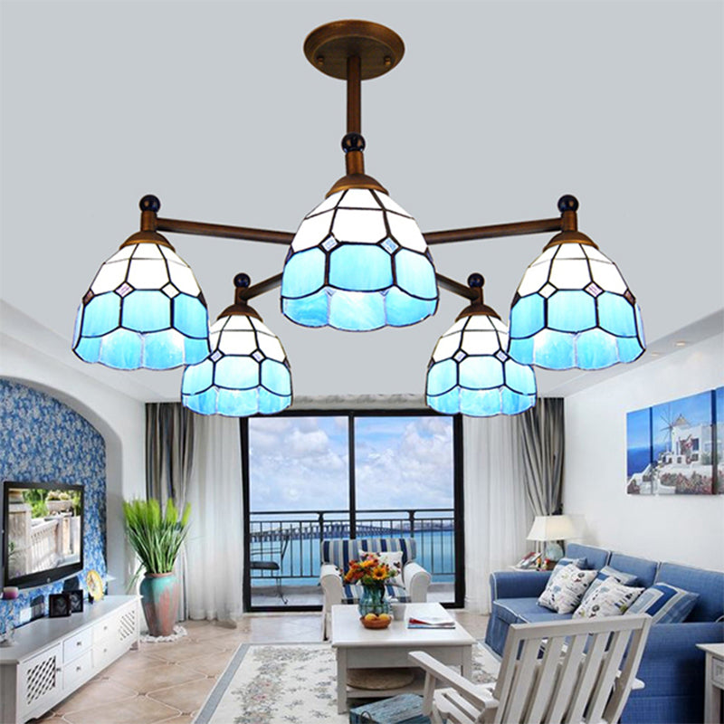 Bowl-Shaped Semi Flush Light Rustic Stained Glass 5 Lights Blue/Red/Yellow Semi Flush Ceiling Fixture for Living Room Clearhalo 'Ceiling Lights' 'Chandeliers' 'Industrial' 'Middle Century Chandeliers' 'Tiffany Chandeliers' 'Tiffany close to ceiling' 'Tiffany' Lighting' 180370